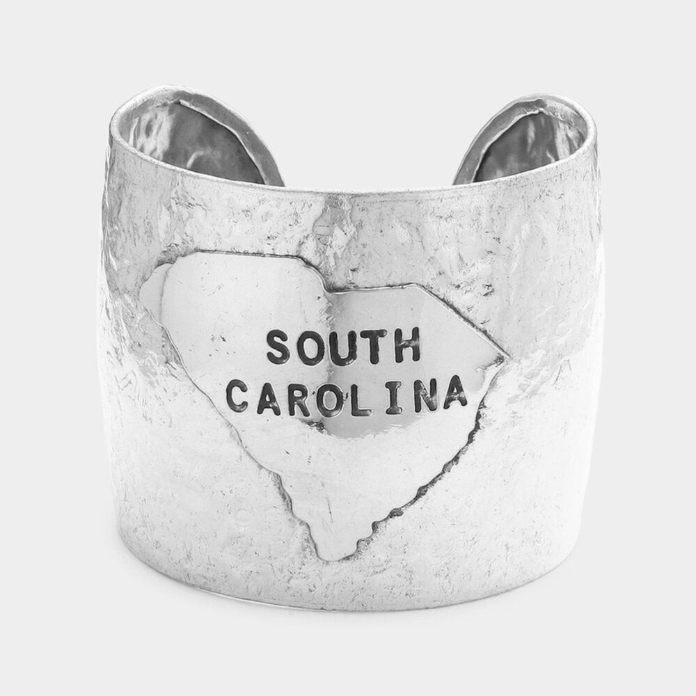Silver SOUTH CAROLINA State Map Hammered Chunky Wide Cuff Bracelet Bold